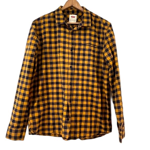Levi's Navy Yellow Buffalo Check Plaid Button Front Shirt Men's Large Cotton - Picture 2 of 7